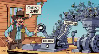 Comic book style illustration of a confused Wild West deputy, GitHub's Dependabot, about to press an 'Auto-Merge' lever on a machine releasing gremlin-like 'Vulnerabilities'.