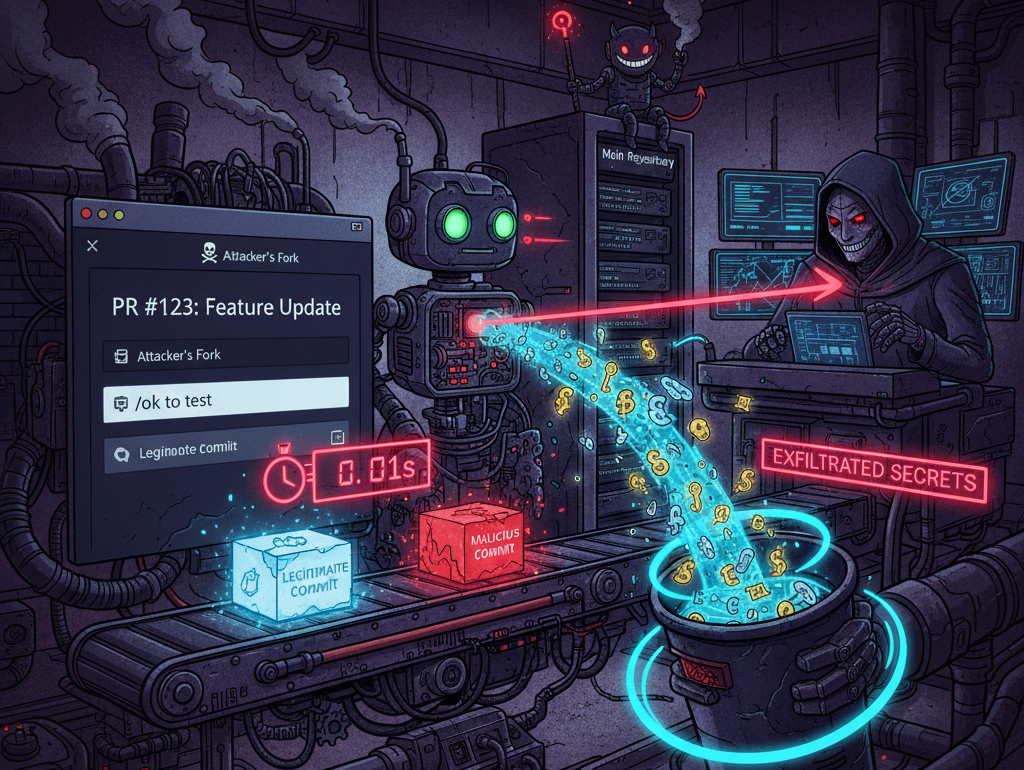 A detailed, dark-themed illustration shows a GitHub Pull Request exploit. A malicious commit, glowing red, bypasses a legitimate commit on a conveyor belt within a 0.01-second race window. A GitHub bot triggers the attack, while a hooded hacker siphons glowing 