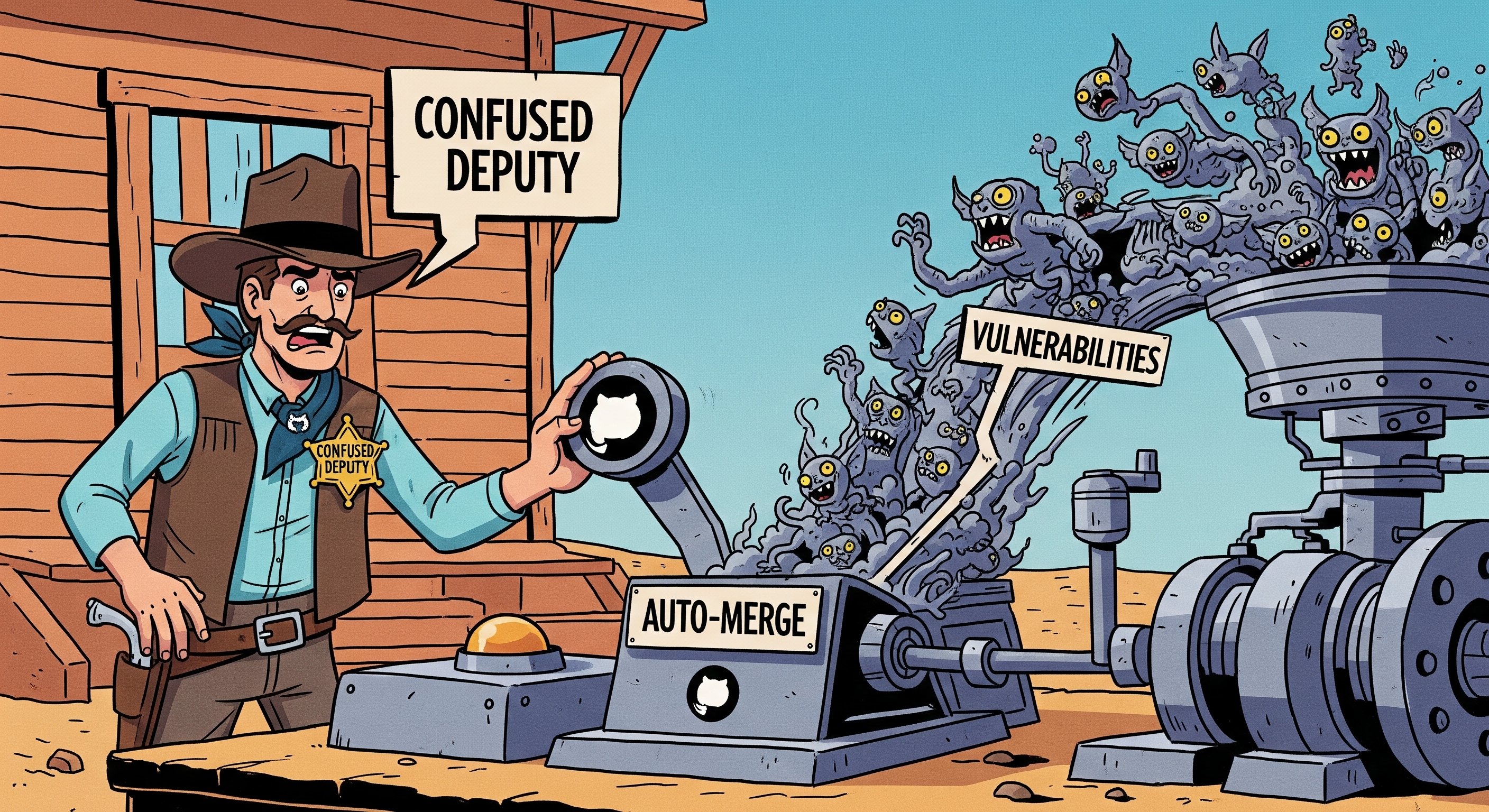 Comic book style illustration of a confused Wild West deputy, GitHub's Dependabot, about to press an 'Auto-Merge' lever on a machine releasing gremlin-like 'Vulnerabilities'.